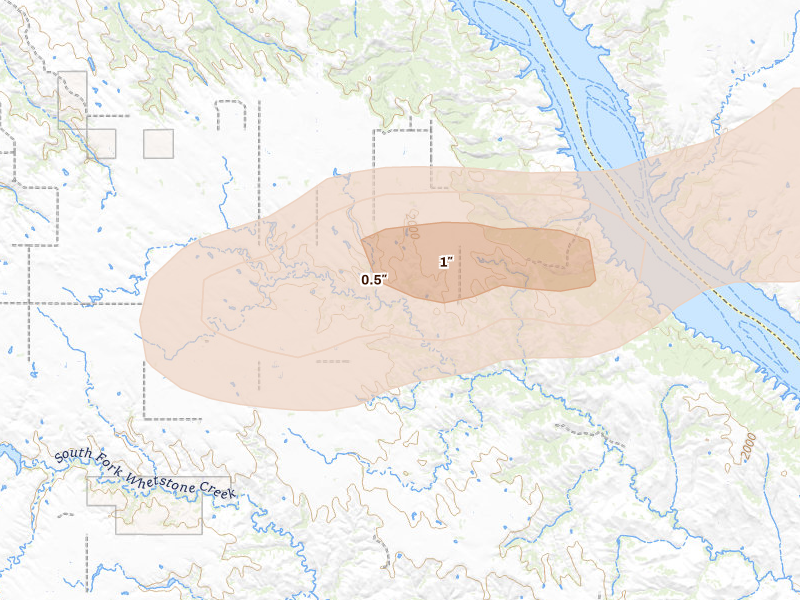 Radar-estimated hail-size map of the storm over Burke, SD on Aug 17, 2026