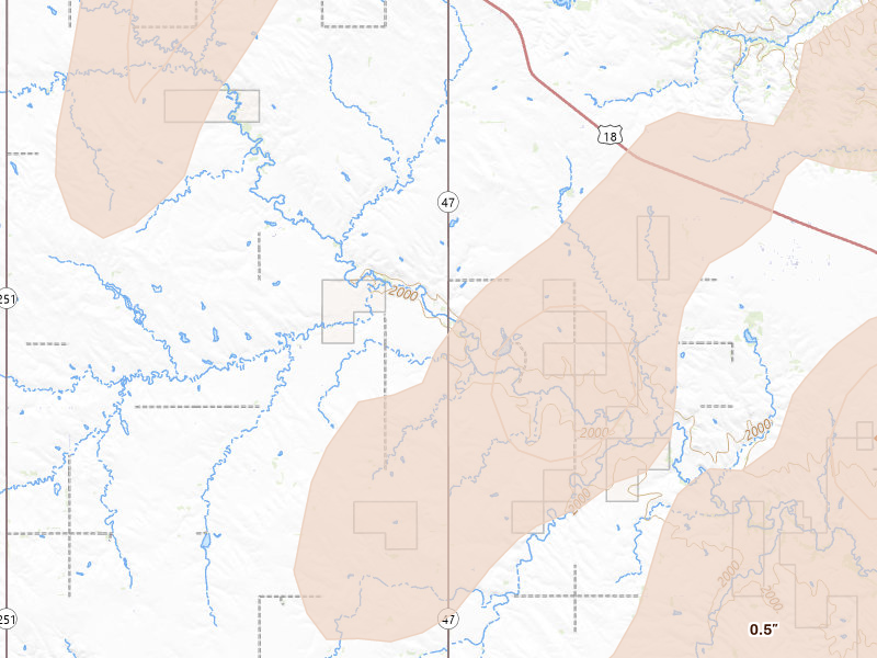 Radar-estimated hail-size map of the storm over Burke, SD on Sep 1, 2026
