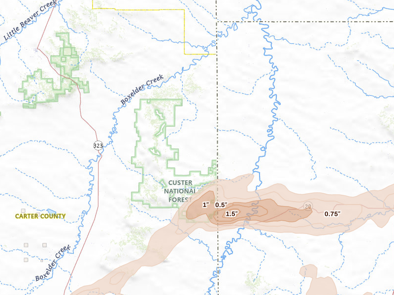 Radar-estimated hail-size map of the storm over Camp Crook, SD on Apr 13, 2026