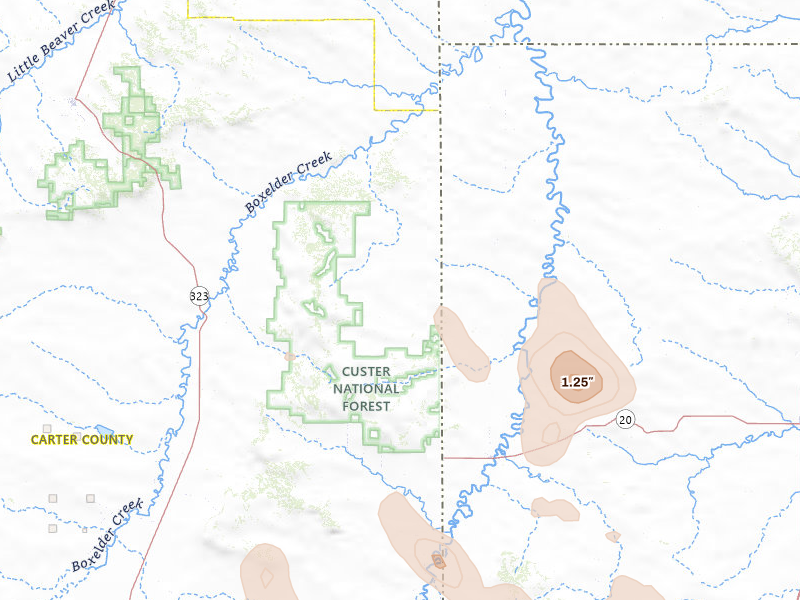 Radar-estimated hail-size map of the storm over Camp Crook, SD on May 30, 2026