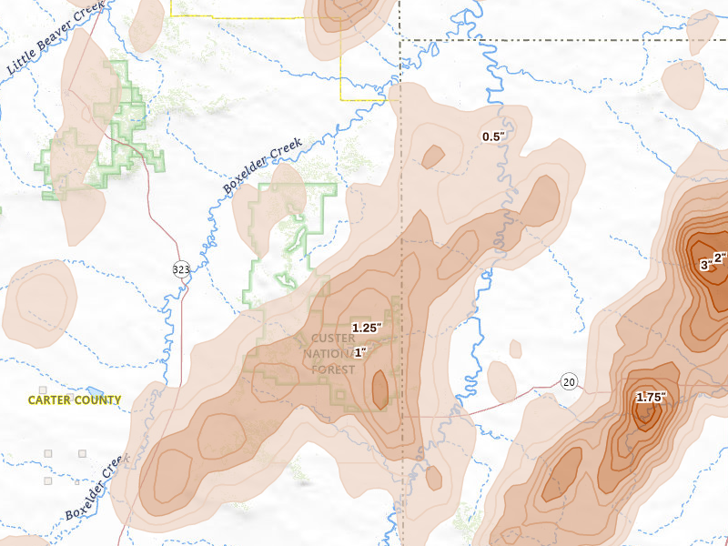 Radar-estimated hail-size map of the storm over Camp Crook, SD on Jun 27, 2026