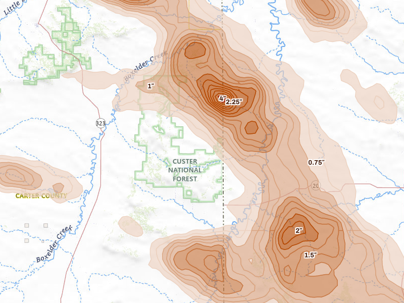 Radar-estimated hail-size map of the storm over Camp Crook, SD on Aug 11, 2026