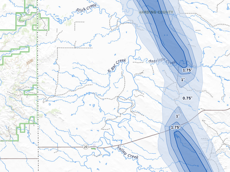 NEXRAD radar-signature map of the hail storm over Camp Crook, SD on Aug 11, 2026