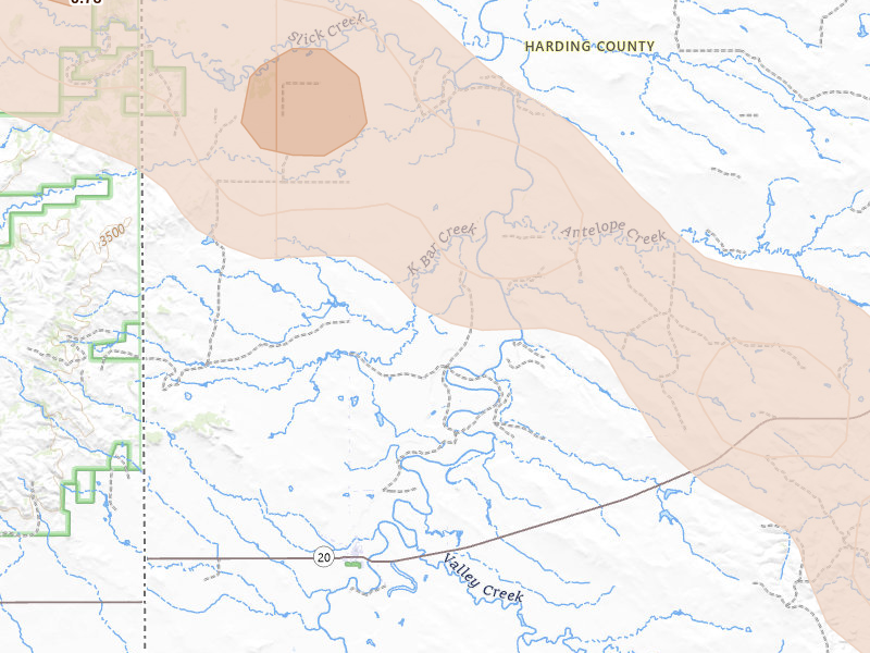 Radar-estimated hail-size map of the storm over Camp Crook, SD on Aug 17, 2026