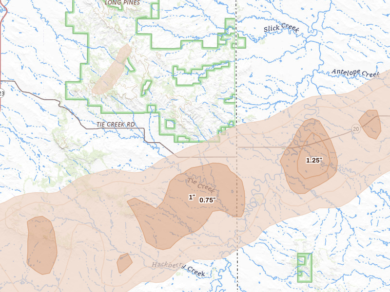Radar-estimated hail-size map of the storm over Camp Crook, SD on Aug 30, 2026