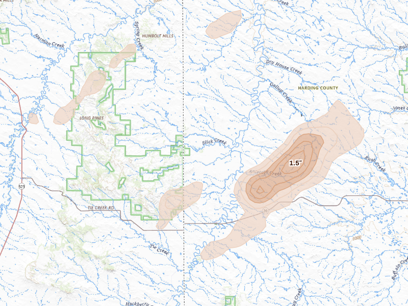 Radar-estimated hail-size map of the storm over Camp Crook, SD on Sep 27, 2026