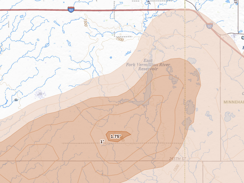 Radar-estimated hail-size map of the storm over Canistota, SD on May 24, 2026