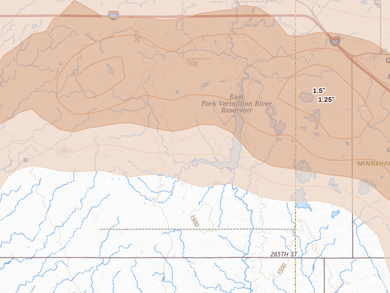 Radar-estimated hail-size map of the storm over Canistota, SD on May 31, 2026