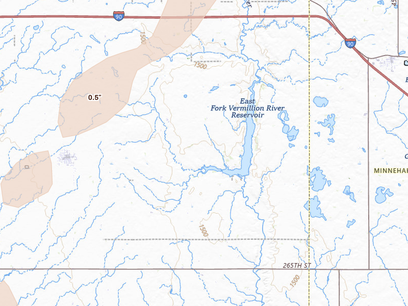Radar-estimated hail-size map of the storm over Canistota, SD on Jun 9, 2026