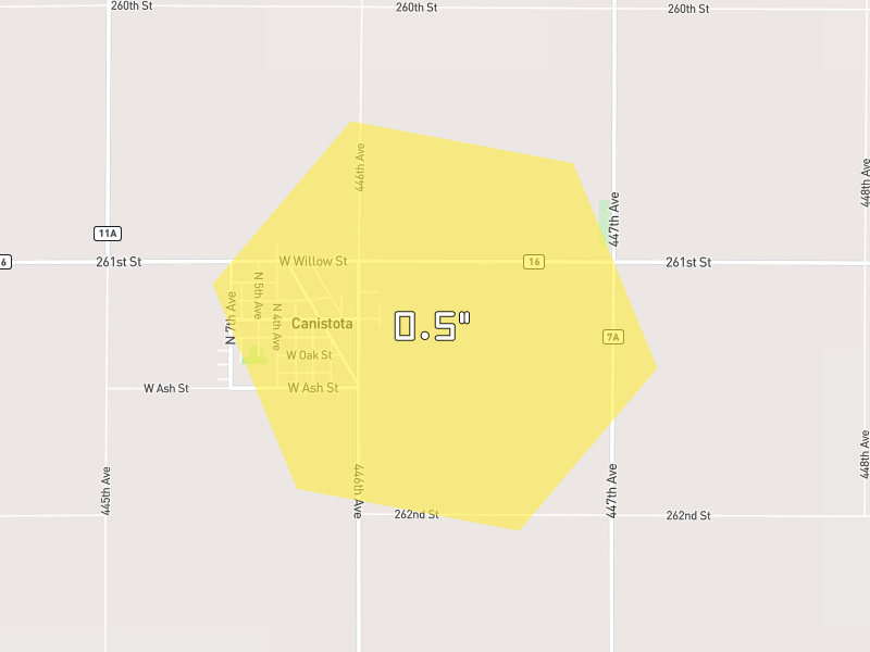 Hail map of Canistota, SD on Jun 28, 2026, hail up to 0.5"