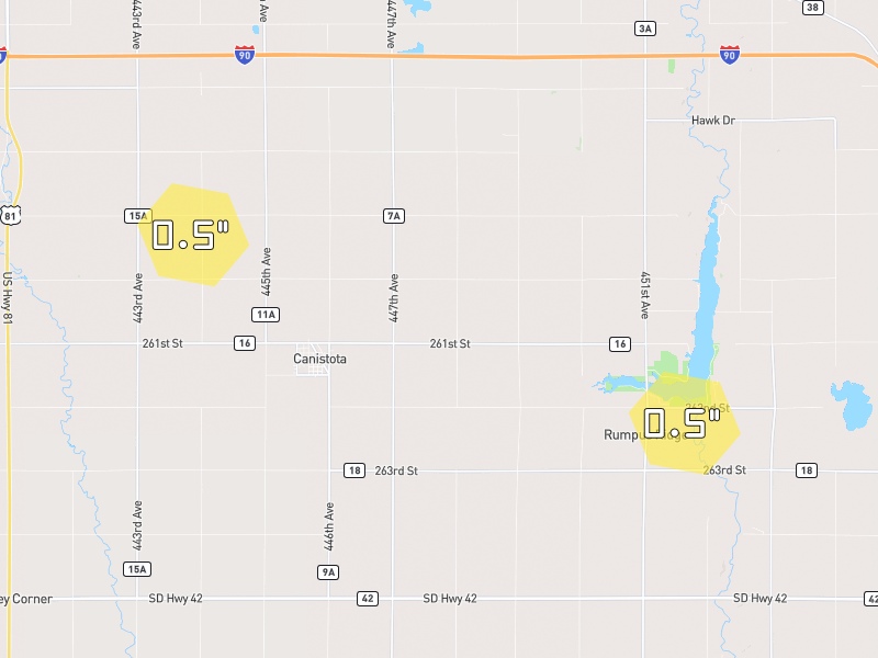 Hail map of Canistota, SD on Jul 1, 2026, hail up to 0.5"