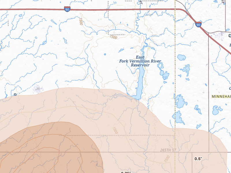 Radar-estimated hail-size map of the storm over Canistota, SD on Jul 2, 2026