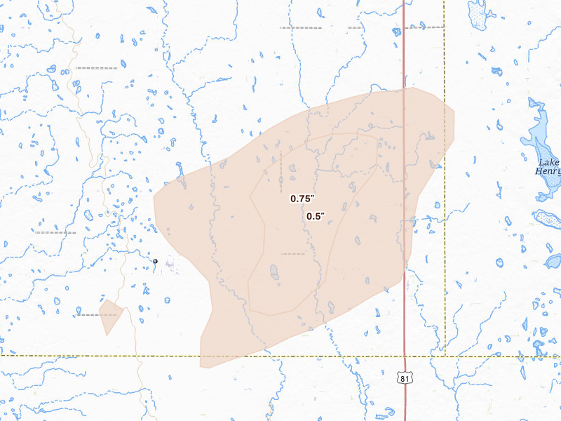 Radar-estimated hail-size map of the storm over Canova, SD on Jun 4, 2026