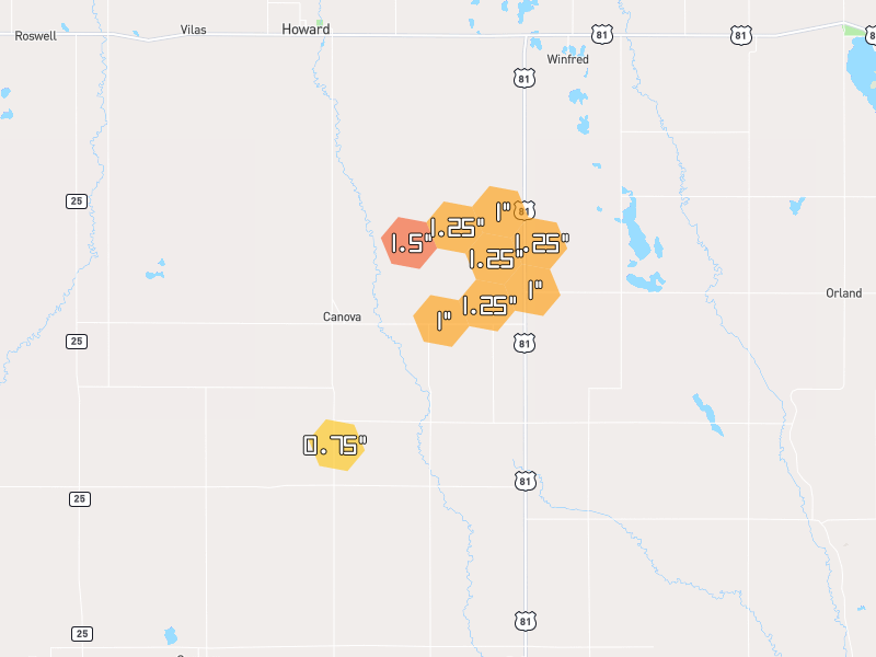 Hail map of Canova, SD on Jun 4, 2026, hail up to 1.5"