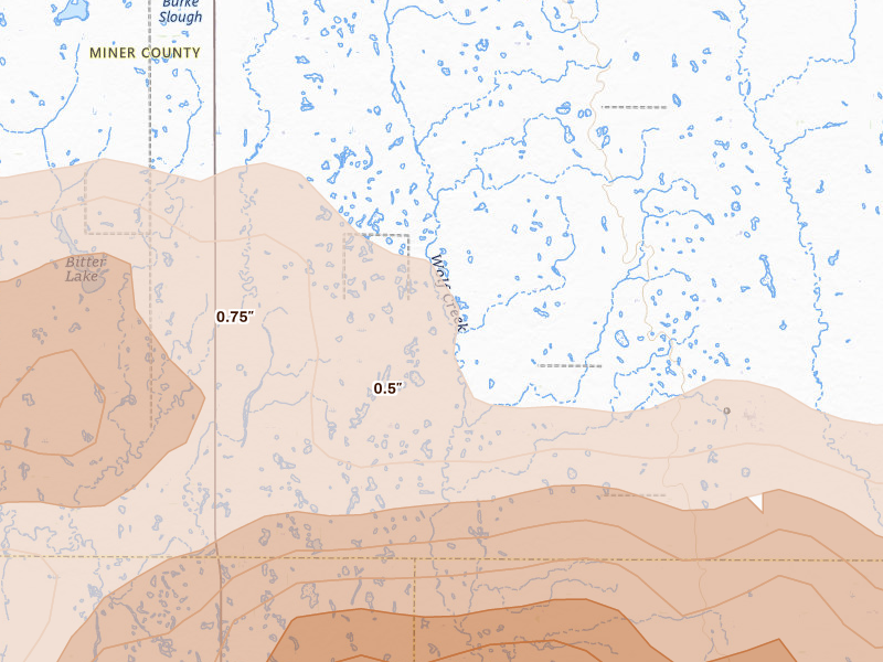 Radar-estimated hail-size map of the storm over Canova, SD on Aug 6, 2026