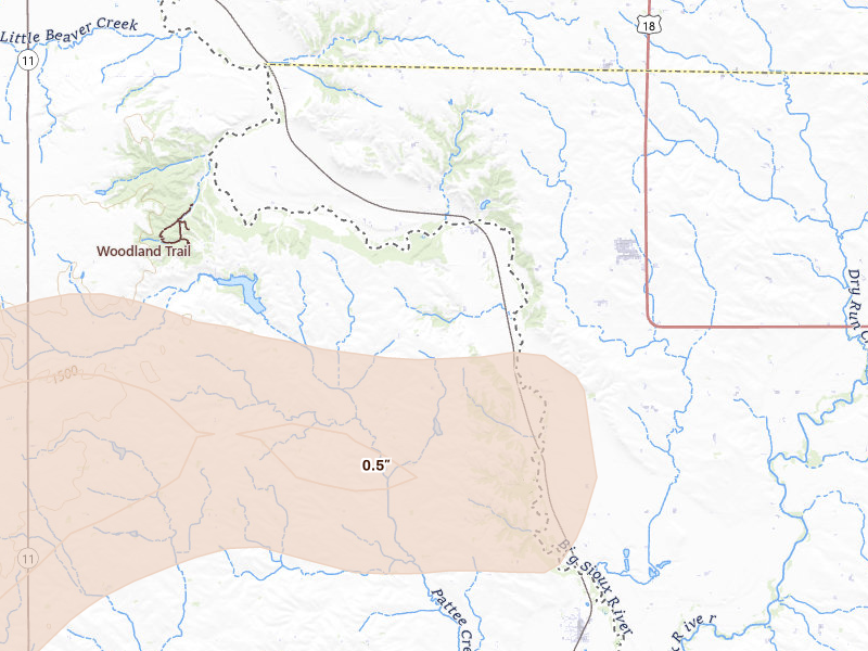 Radar-estimated hail-size map of the storm over Canton, SD on May 31, 2026