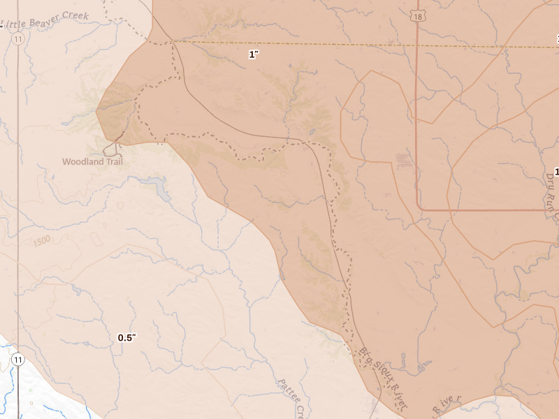 Radar-estimated hail-size map of the storm over Canton, SD on Jun 27, 2026