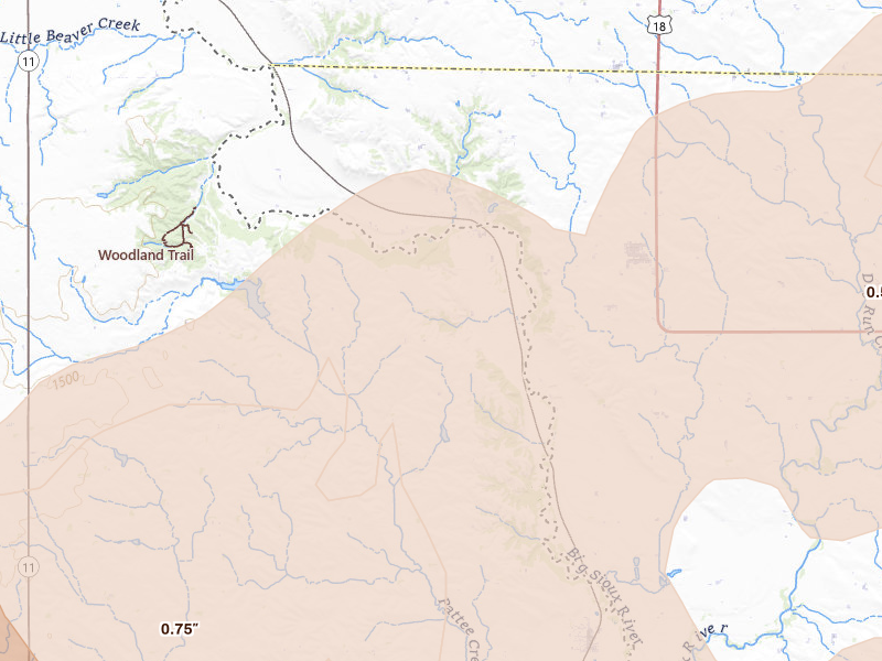 Radar-estimated hail-size map of the storm over Canton, SD on Jun 29, 2026