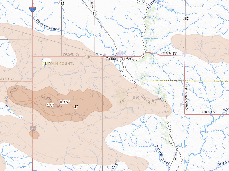 Radar-estimated hail-size map of the storm over Canton, SD on Aug 10, 2026