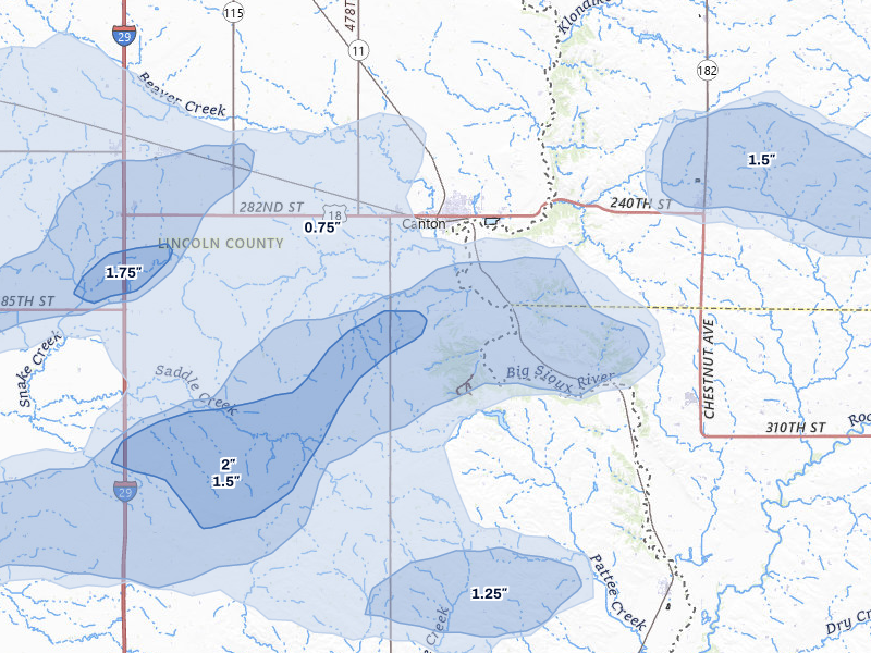NEXRAD radar-signature map of the hail storm over Canton, SD on Aug 10, 2026