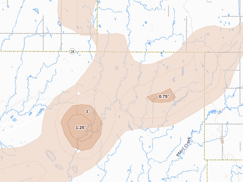Radar-estimated hail-size map of the storm over Carpenter, SD on Jun 3, 2026