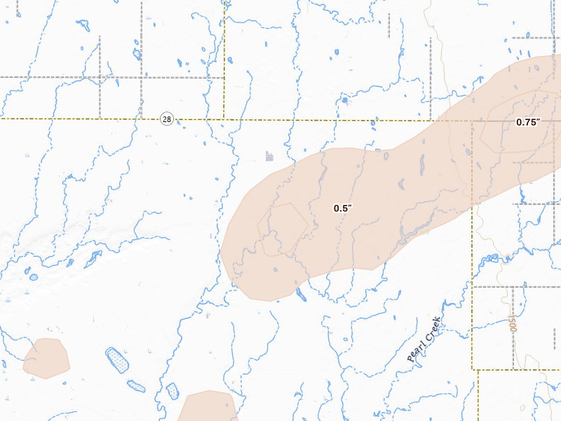 Radar-estimated hail-size map of the storm over Carpenter, SD on Jun 4, 2026