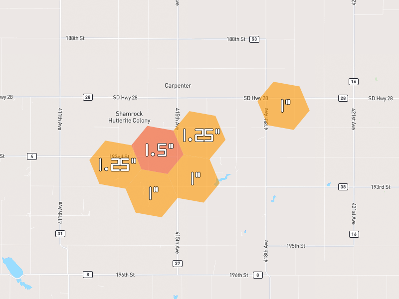 Hail map of Carpenter, SD on Jun 5, 2026, hail up to 1.5"
