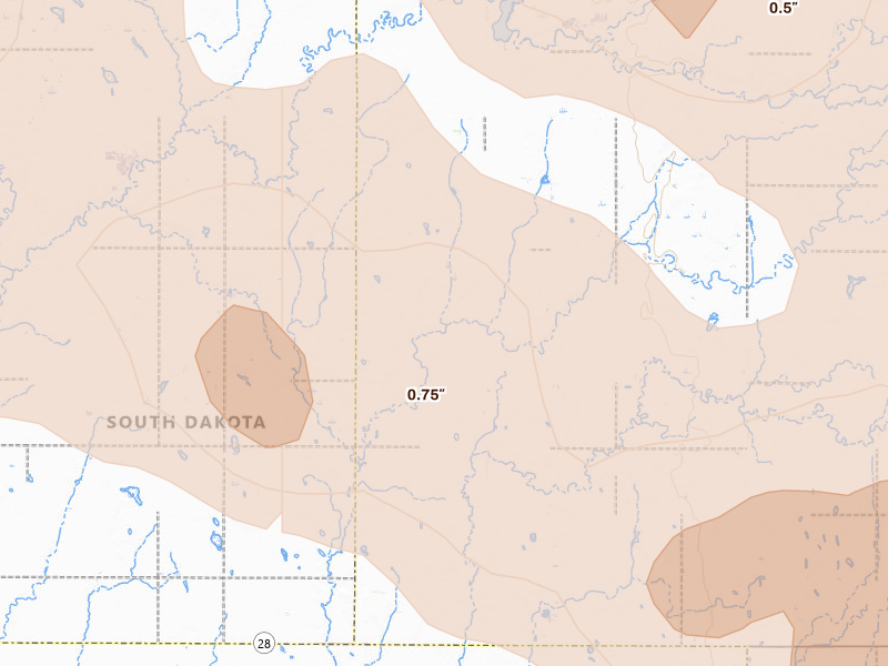 Radar-estimated hail-size map of the storm over Carpenter, SD on Aug 24, 2026