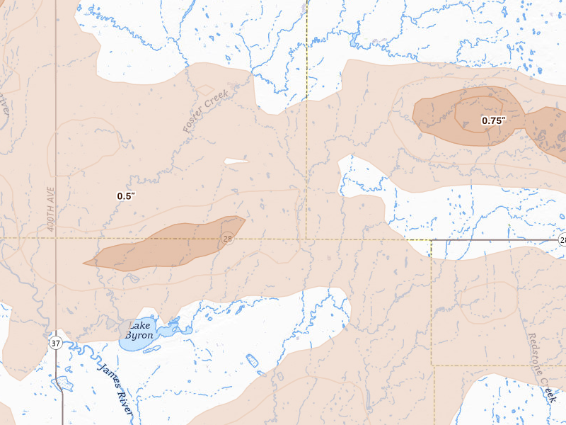 Radar-estimated hail-size map of the storm over Carpenter, SD on Aug 28, 2026