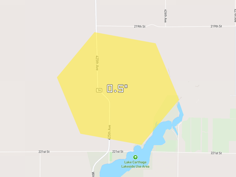 Hail map of Carthage, SD on Jul 2, 2026, hail up to 0.5"