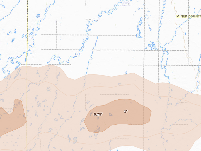 Radar-estimated hail-size map of the storm over Carthage, SD on Aug 6, 2026