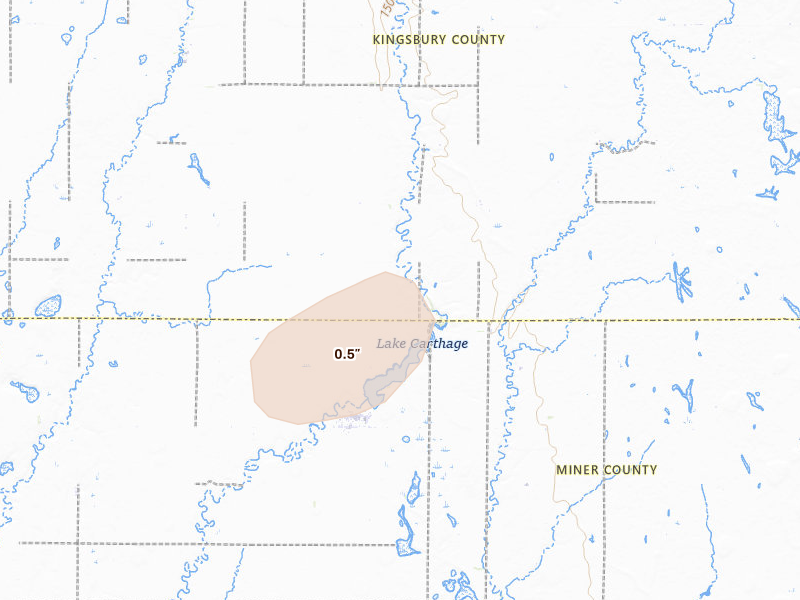 Radar-estimated hail-size map of the storm over Carthage, SD on Aug 19, 2026