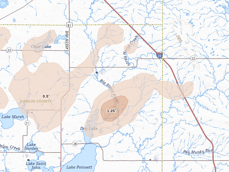 Radar-estimated hail-size map of the storm over Castlewood, SD on Jun 3, 2026