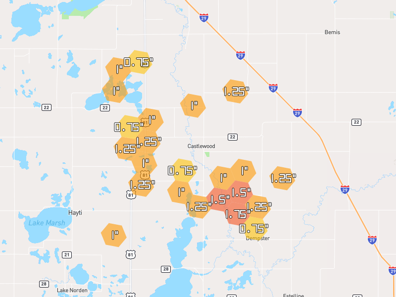 Hail map of Castlewood, SD on Jun 4, 2026, hail up to 1.75"