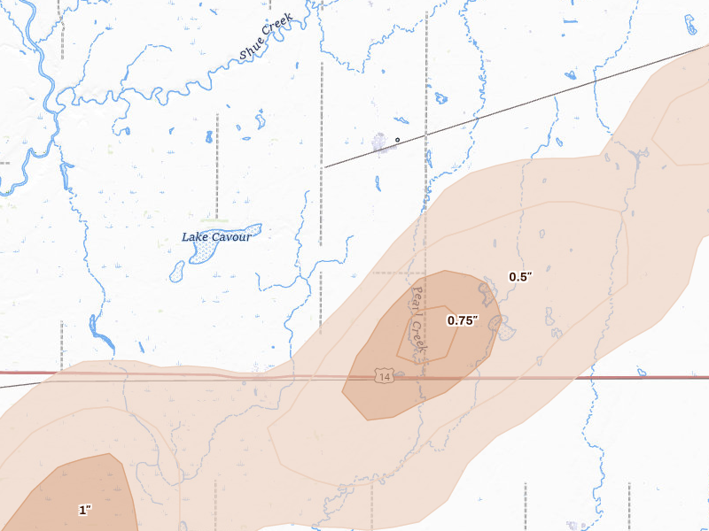 Radar-estimated hail-size map of the storm over Cavour, SD on Jun 3, 2026