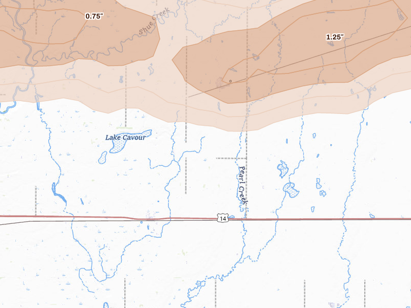 Radar-estimated hail-size map of the storm over Cavour, SD on Jun 4, 2026