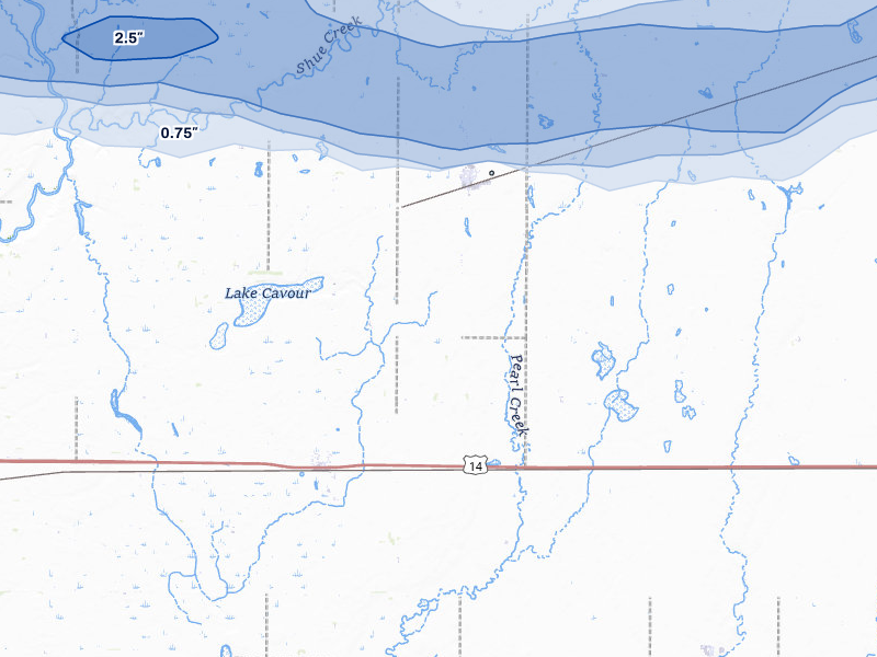 NEXRAD radar-signature map of the hail over Cavour, SD