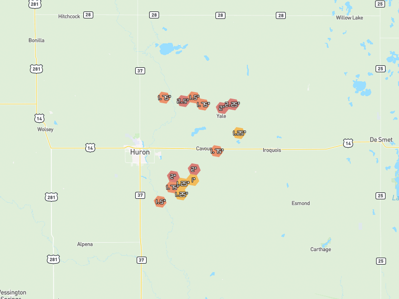 Hail map of Cavour, SD on Jun 4, 2026, hail up to 2.5"