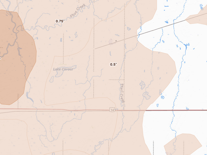 Radar-estimated hail-size map of the storm over Cavour, SD on Jul 2, 2026