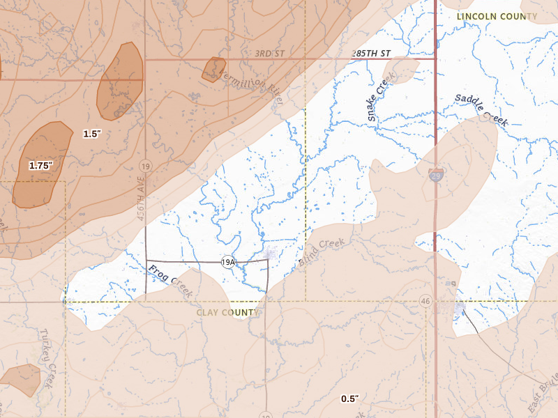 Radar-estimated hail-size map of the storm over Centerville, SD on May 17, 2026
