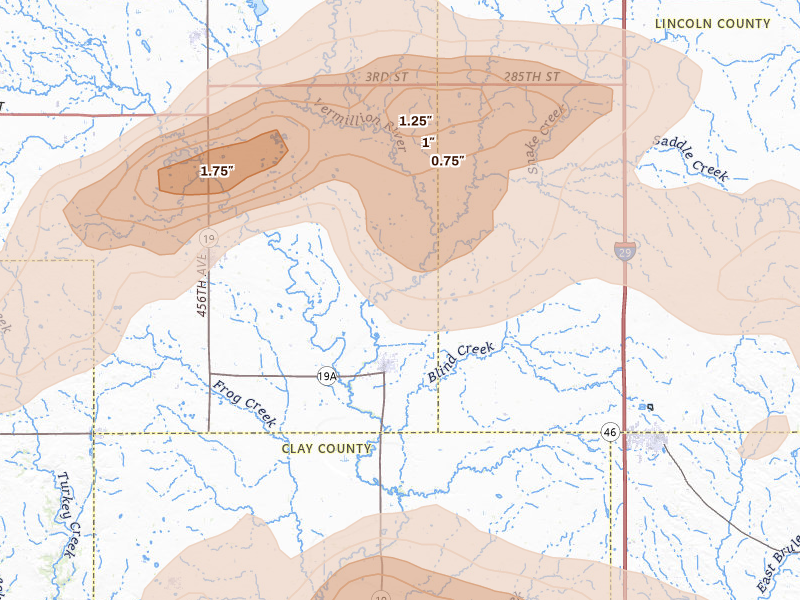 Radar-estimated hail-size map of the storm over Centerville, SD on May 31, 2026
