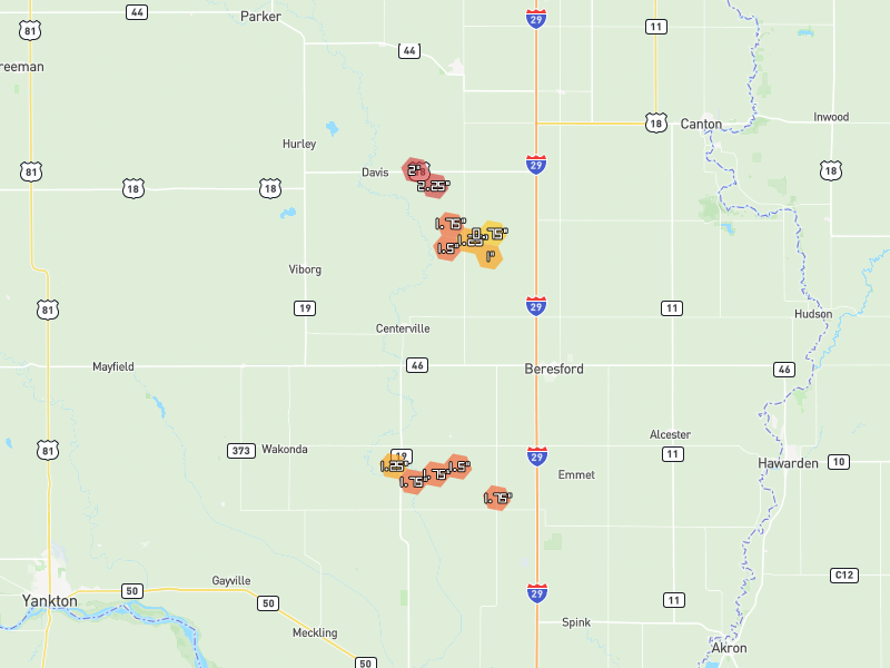 Hail map of Centerville, SD on Jun 1, 2026, hail up to 2.25"