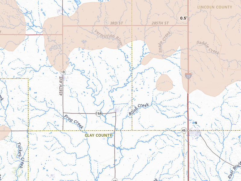 Radar-estimated hail-size map of the storm over Centerville, SD on Jun 27, 2026