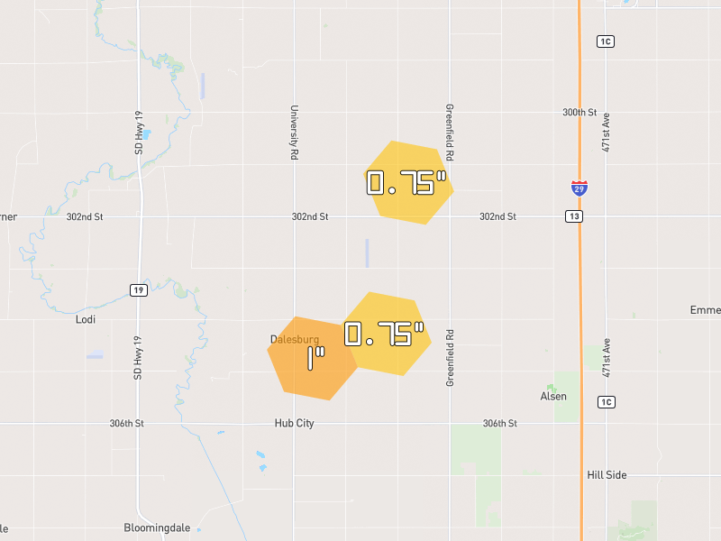 Hail map of Centerville, SD on Jul 2, 2026, hail up to 1"