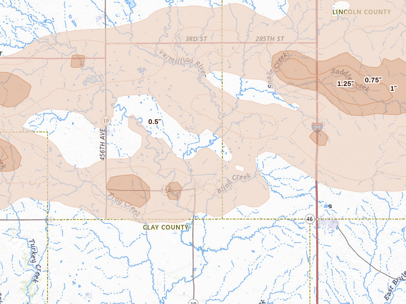 Radar-estimated hail-size map of the storm over Centerville, SD on Aug 10, 2026