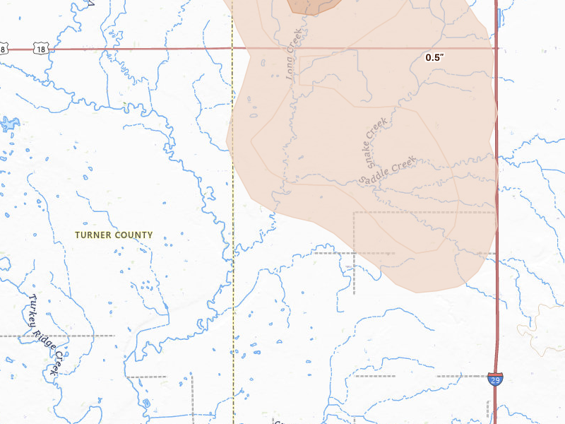 Radar-estimated hail-size map of the storm over Centerville, SD on Aug 20, 2026