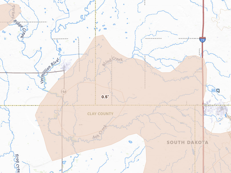 Radar-estimated hail-size map of the storm over Centerville, SD on Sep 1, 2026