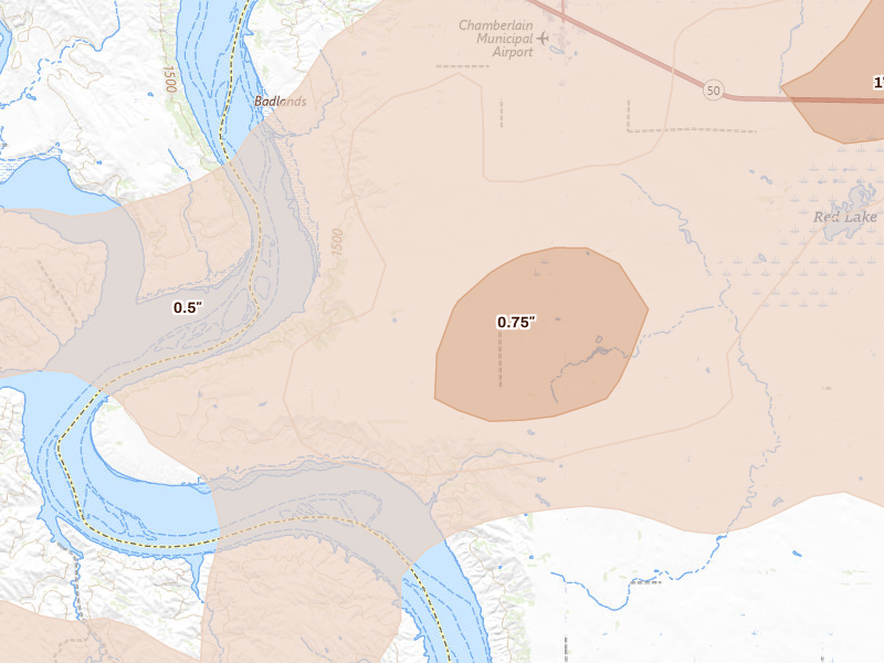 Radar-estimated hail-size map of the storm over Chamberlain, SD on Jun 3, 2026