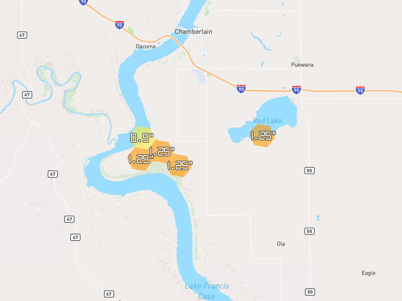 Hail map of Chamberlain, SD on Jun 3, 2026, hail up to 1.25"