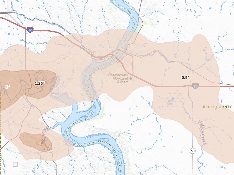 Radar-estimated hail-size map of the storm over Chamberlain, SD on Jun 4, 2026